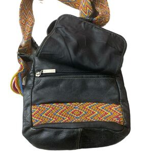 Black Leather Bag with Multicolor Woven Strap